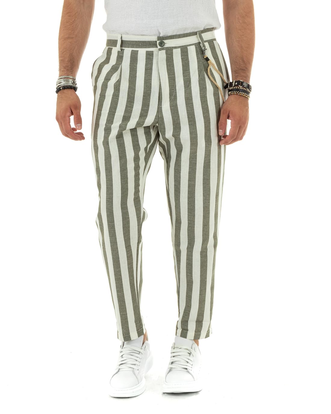 Giosal Pantaloni Uomo Lino Elastico Rigato Chiusura con Bottone Catena Elegante Casual