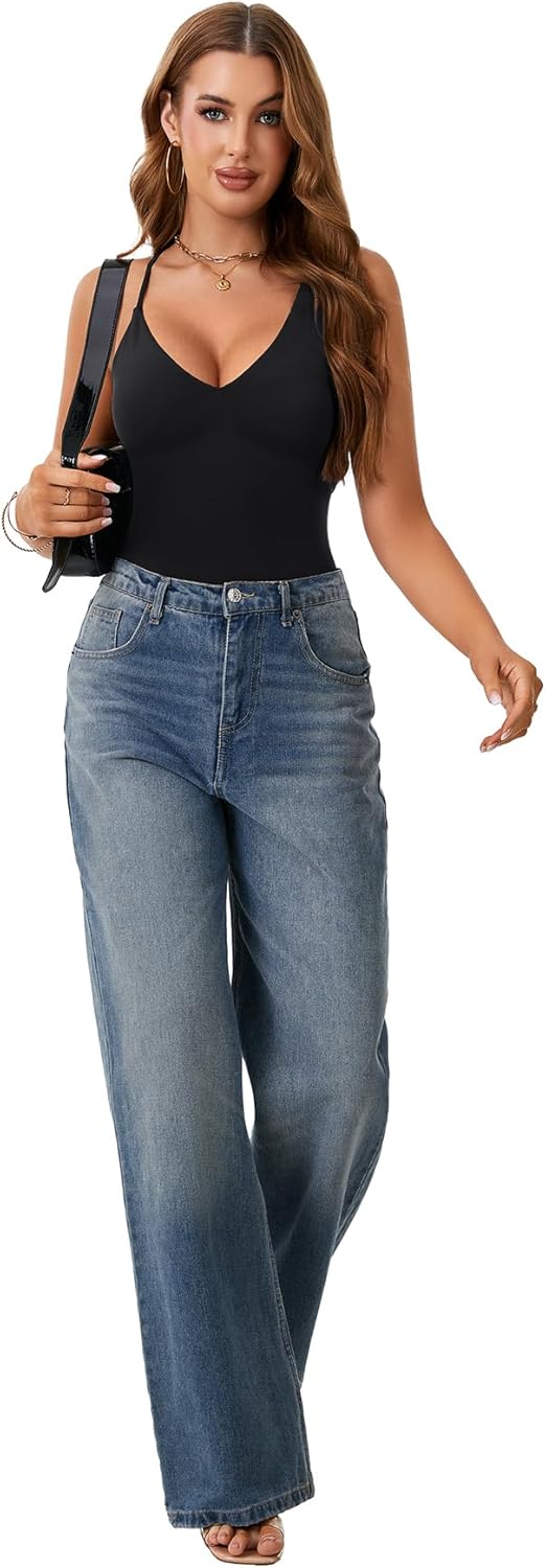 Vrtige Women's Backless V Neck Sleeveless Spaghetti Strap Sexy Slim Fit Bodysuit Top - Image 5