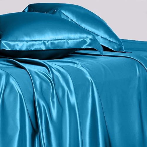 Vista 35 de 4 Pc Silk Satin Sheets Set Fitted & Flat Sheets Pillowcases Hotel Quality, Silky Soft Luxurious! Full, Hot Pink