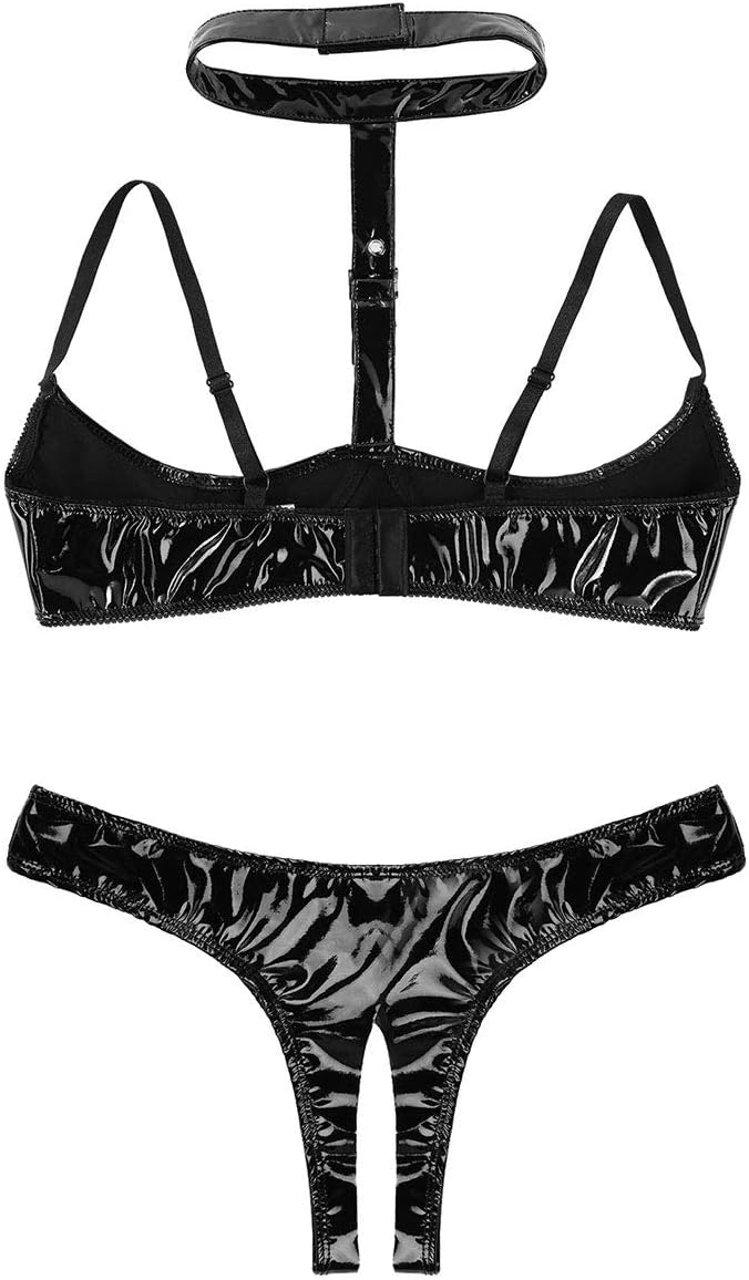 Women's Sexy PVC Leather Halter Neck Straps Underwired Bra Top with Panties Set Clubwear