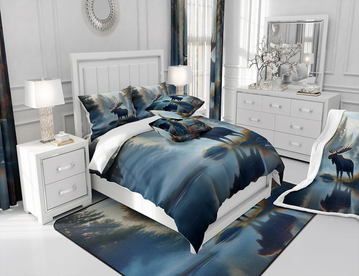 Lodge Cabin Comforter Set 3D Abstract Natural Jungle Scenery Bedding Set for Kids Teens Adults Wild Moose Animal River Pine Trees Rustic Quilted Comforter with 2 Pillowcases Queen Size 3 Pcs