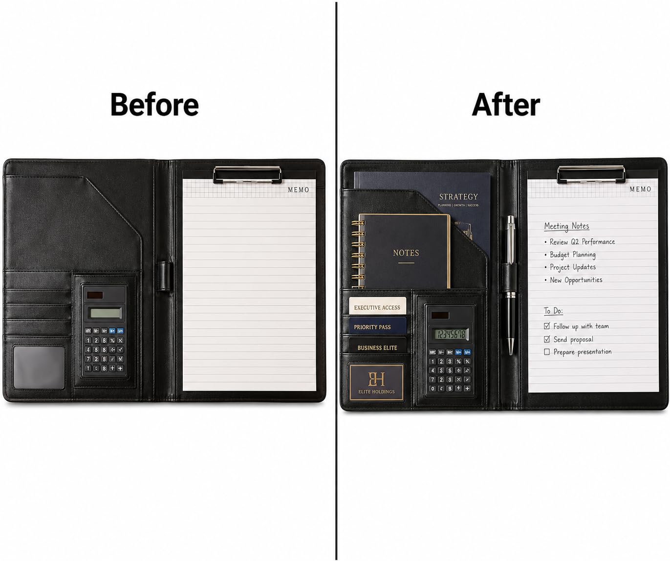 Porte-documents en cuir pour une utilisation professionnelle, organiseur de documents avec rangement intelligent, calculatrice, bloc-notes, – Padfolio tout-en-un professionnel pour homme et