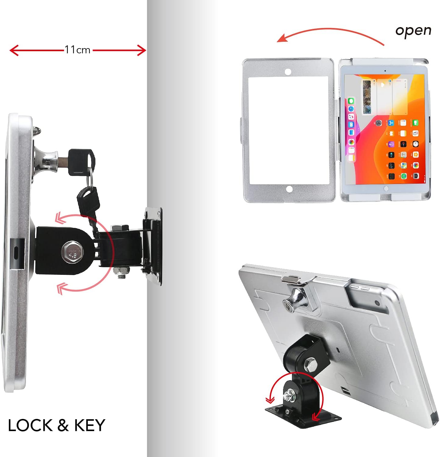 On Wall Mount Metal Bracket for iPad 10.2-Inch (9th,8th,7th Gen.),with Anti Theft Security Lock, Rotate Design,Multi Angle, Horizontal and Vertical Screen Swivel,(Silver)