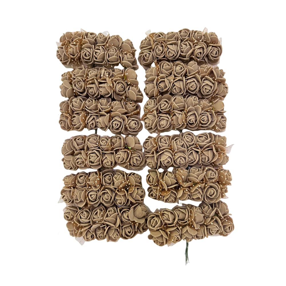 Rikyo 144pcs Mini Artificial Rose Flower Heads and Soft Stem,25mm PE Tiny Rose add Gauze for DIY Wedding Make Bridal Hair Clips,Cake Top,Wrist Corsage Boutonniere,Wreath Bracelet Flower (Brown)