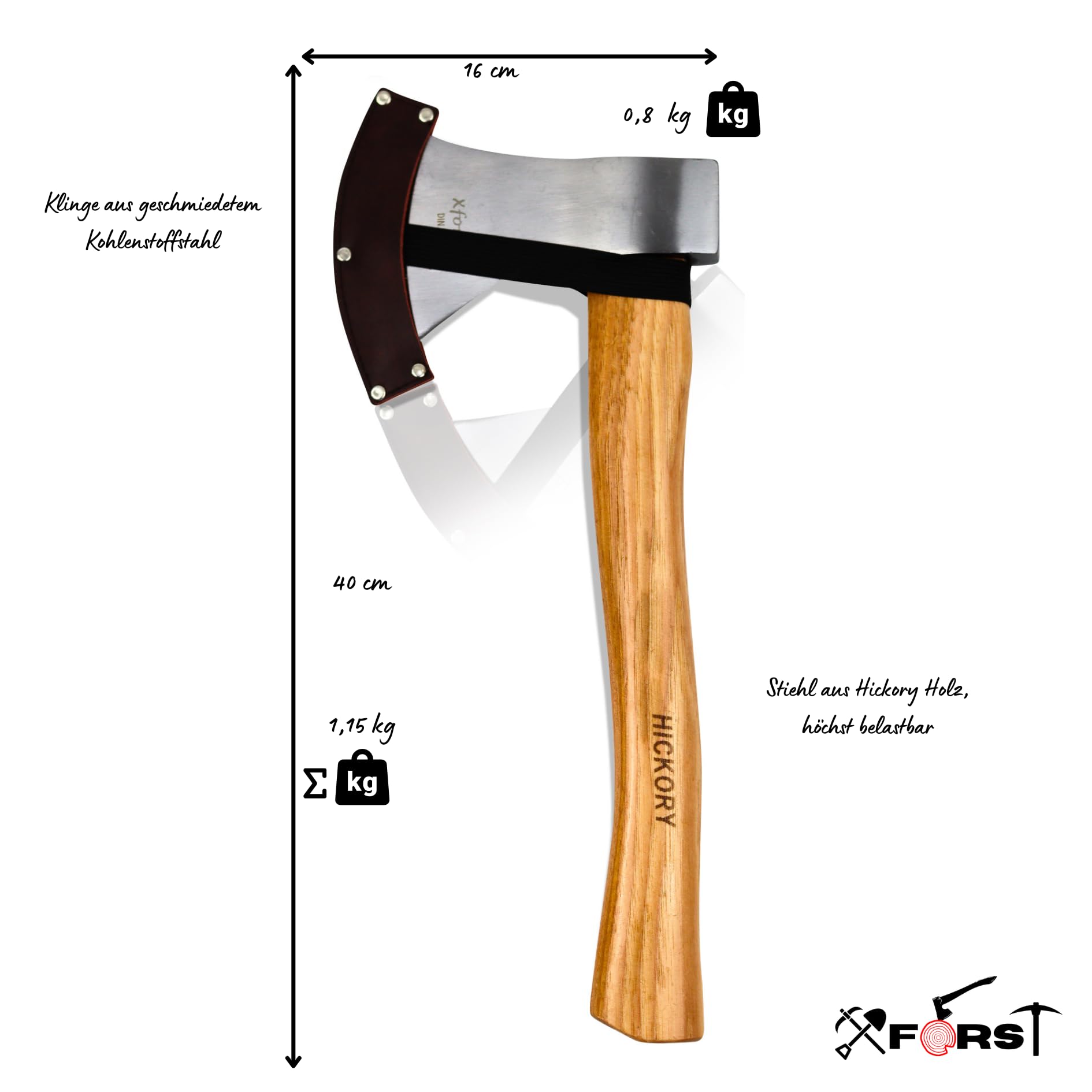 Xforst Hache Universelle X-UW800C – Hache de Jardin et de Camping 40 cm | Tête en Acier au Carbone Trempé 800 g | Manche en Bois de Hickory | Inclut Étui de Protection
