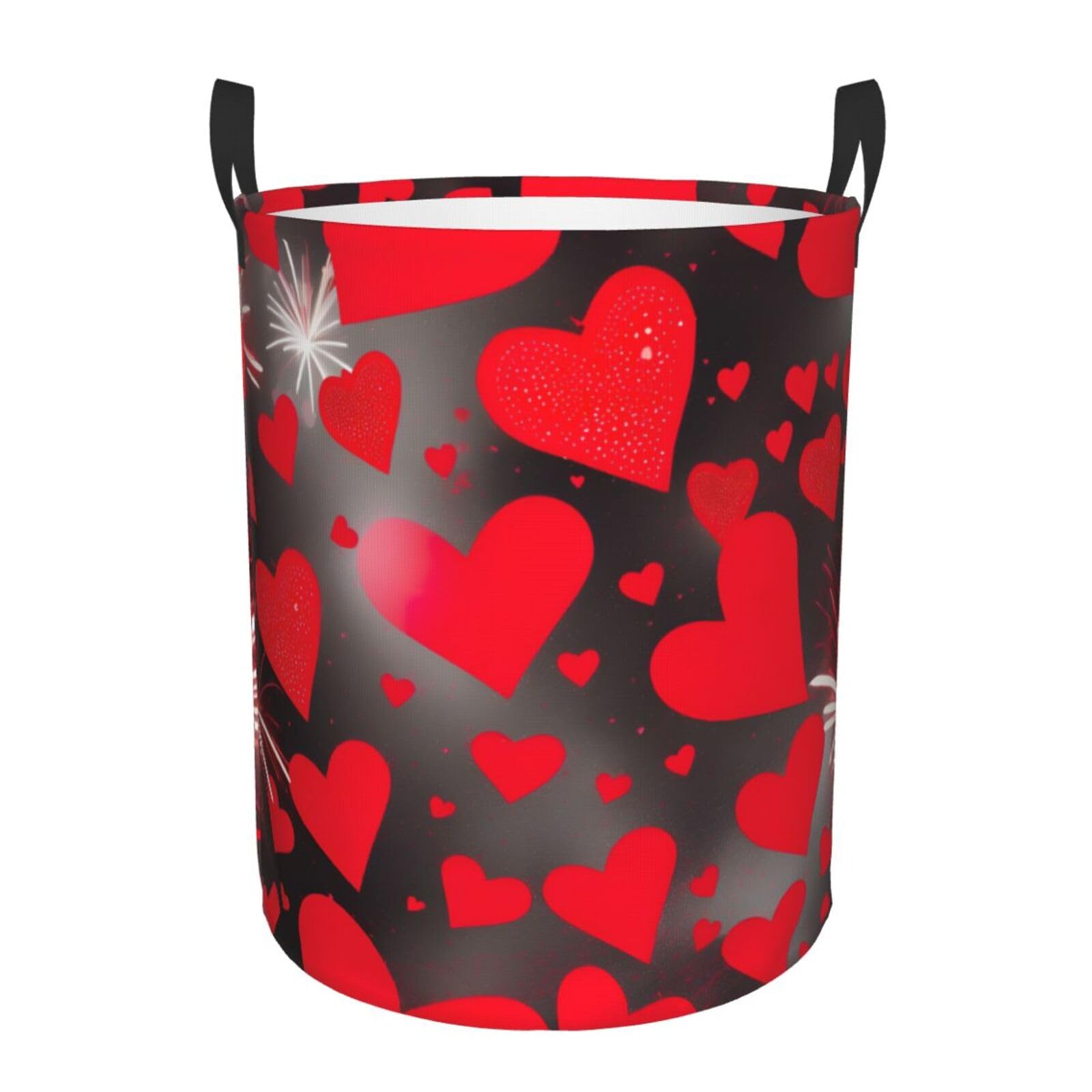 M Collapsible Laundry Hamper Round Red Hearts Firework Print Storage