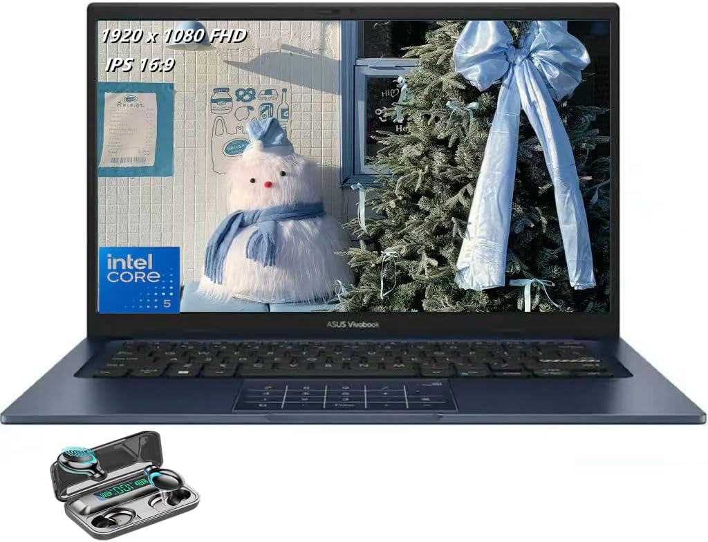 ASUS Vivobook 14 Laptop, 14" IPS 1920 x 1080 (Full HD) LED Display, Intel i5-120U, Deca-Core, 8GB RAM, 256GB SSD, HDMI, Quiet Blue, Windows 11 Home in S Mode, TWE Wireless Earbuds