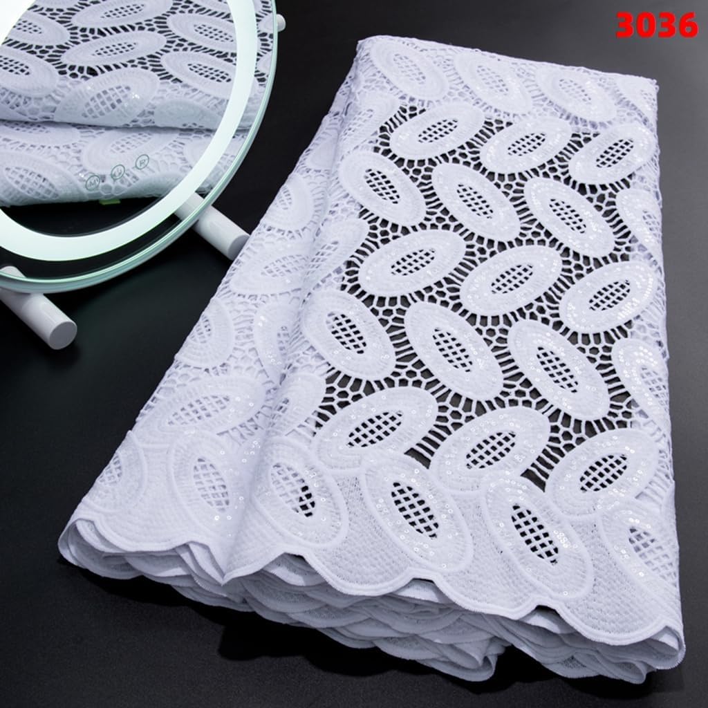 African Lace Fabric 5 Yards, French Jacquard Embroidery Water Soluble Solid White Lace Fabric for Party Wedding Dress