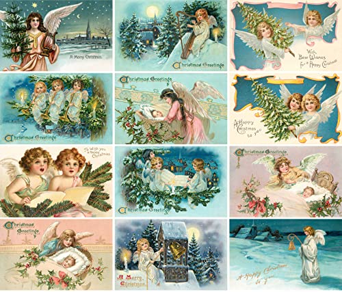 Image of PIXILUV CHRISTMAS ANGELS (Pack of 12) Notecards Small Greeting Cards # Holy Angels Christmas Greetings and Cheer ~ Vintage Christmas Postcards Reprint