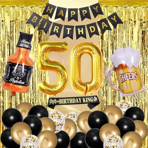 50th Birthday Decorations - Black & Gold Fifty Party Decor for Him
