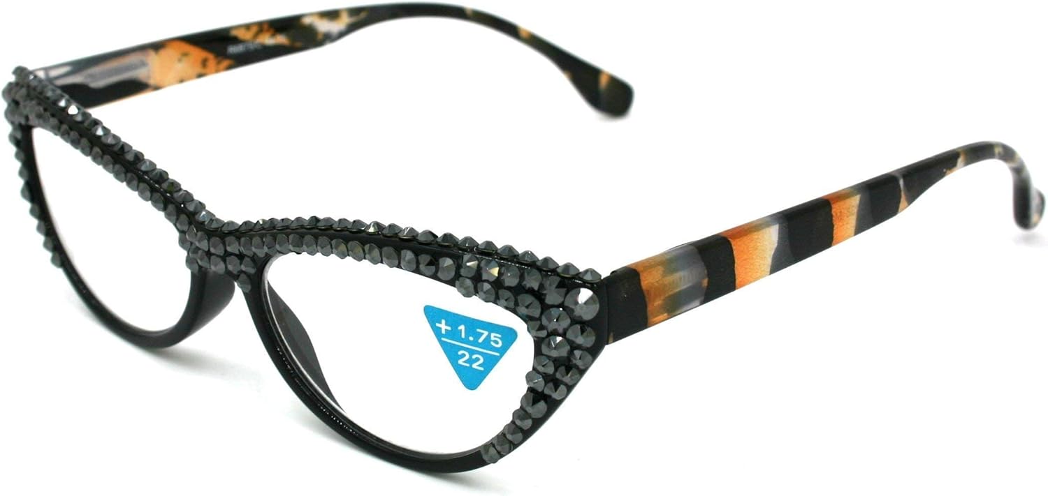 NY FIFTH AVENUE Aspen, Cat Eyes Tiger Print Women Reading Glasses Bling with Double Full Top Hematite Genuine European Crystals. Black tiger print