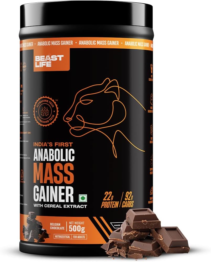 BeastLife High Protein Mass/Weight Gainer | 500 Gram | Belgian Chocolate | NABL LAB Tested | For Muscle Gain & Fast Growth | Cereal-Based Formula, No Maltodextrin | India's #1 Cereal Based Bulk Gainer