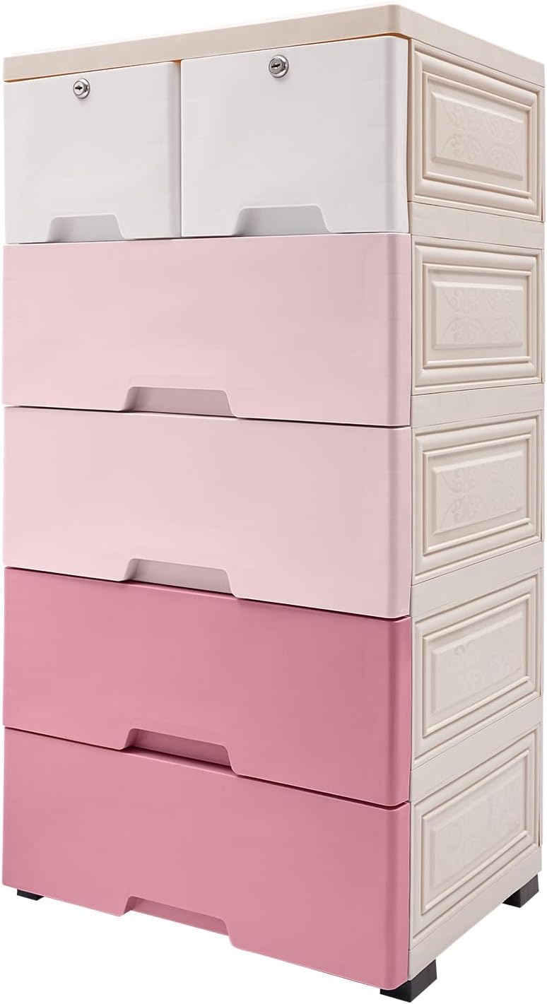 5 Layers Plastic Drawers Dresser for Bedroom, 6 Drawer Dresser Chest Modern Closet Drawers Tall Dresser Organizer with Lock, Plastic Storage Chest Organizer for Bedroom Hallway (Gradient Pink)