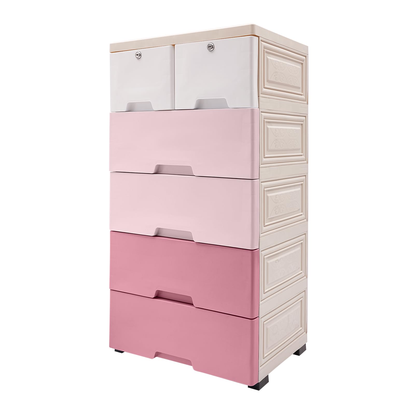 5 Layers Plastic Drawers Dresser for Bedroom, 6 Drawer Dresser Chest Modern Closet Drawers Tall Dresser Organizer with Lock, Plastic Storage Chest Organizer for Bedroom Hallway (Gradient Pink)