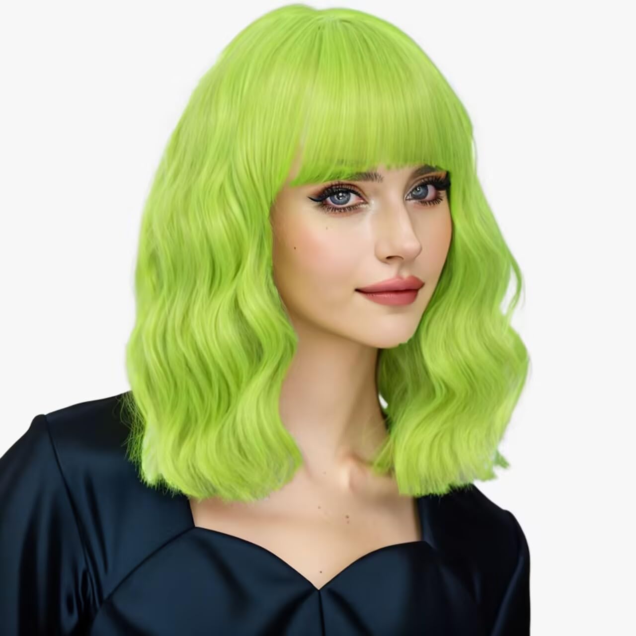 Lime Green Wig for Women Light Green Wig Neon Green with Bangs Short Wavy Synthetic Heat Resistant 14 Inch, 22.5-23.6 Inch Circumference for Cosplay Party Costume Fun Daily Wear - Image 9