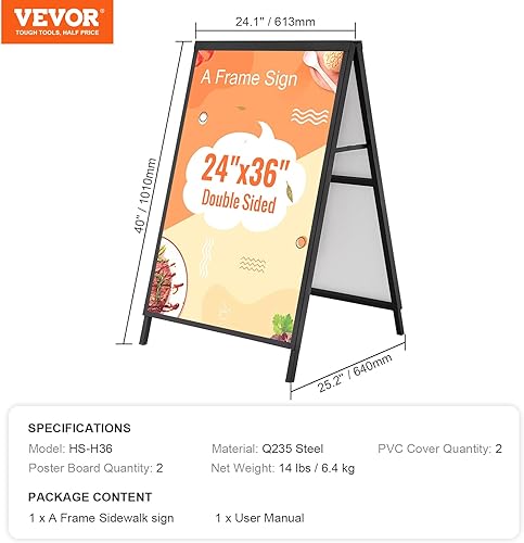 Miniatura 7 de VEVOR Letrero de acera con marco de 24 x 36 pulgadas, soporte para letrero deslizante de alta resistencia, letreros plegables de doble cara, póster
