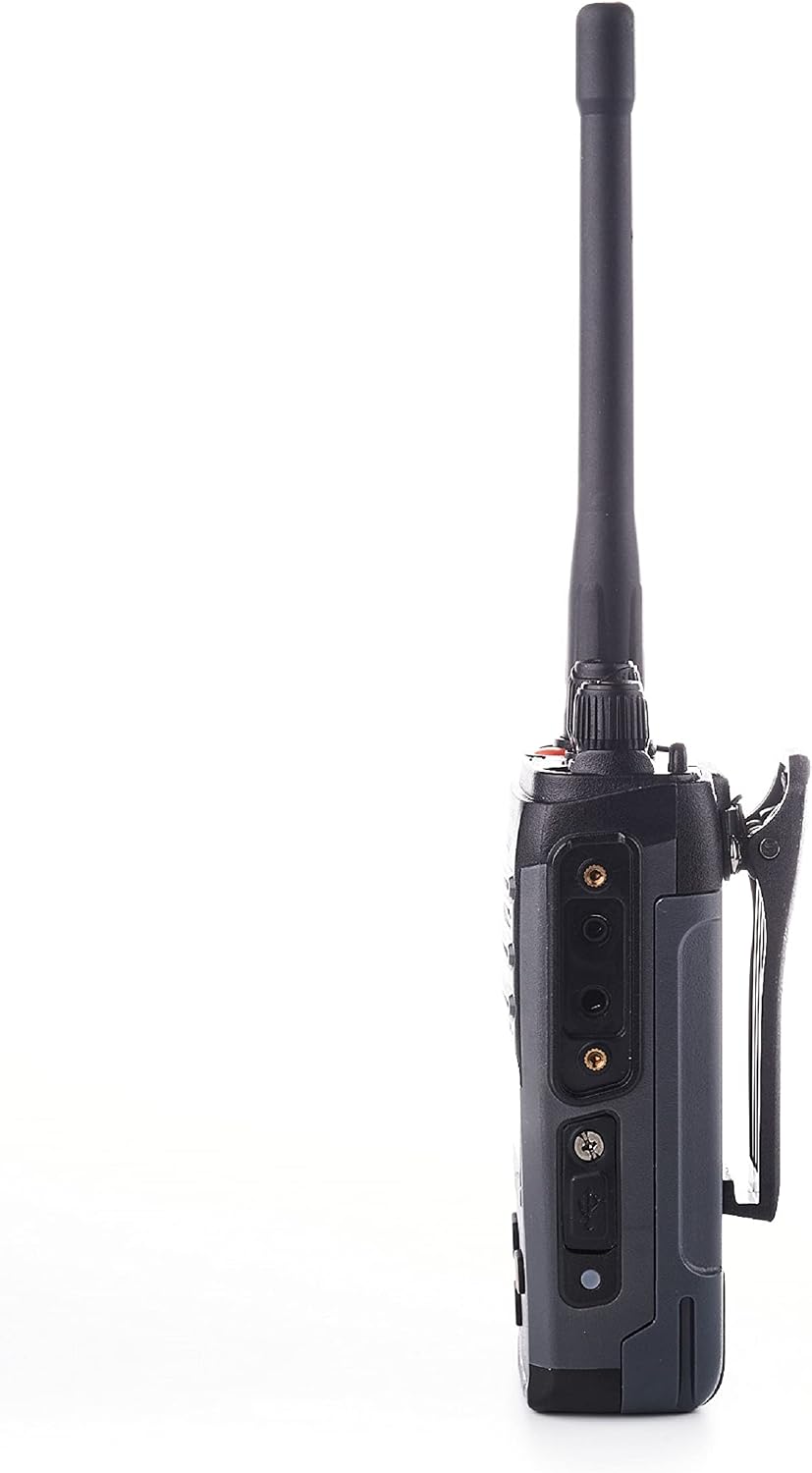 Ġenb view of the Dynascan LP-50 walkie-talkie showing the accessory port with its protective cover.