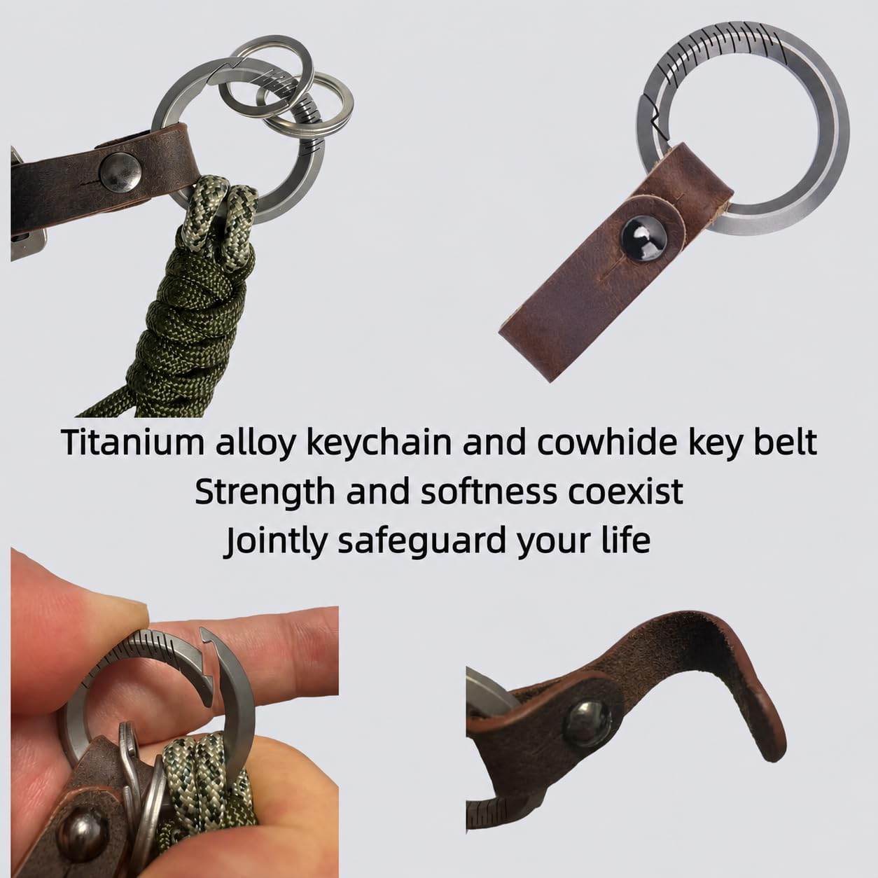 Titanium Alloy Keychain Clips & Leather Loop with Durable Paracord Kit for Car/Home Keys