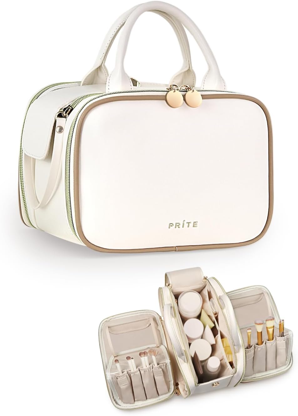 Prite Makeup Bag for Women, Large Capacity Waterproof Travel Cosmetic Organizer, Portable Open Flat Toiletry Bag with Free-standing Brush Holder and Handle(Beige Large)