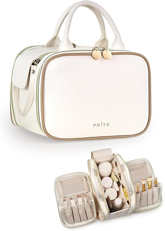Necessaire de maquiagem Prite grande com porta-pincéis e zíper, bege