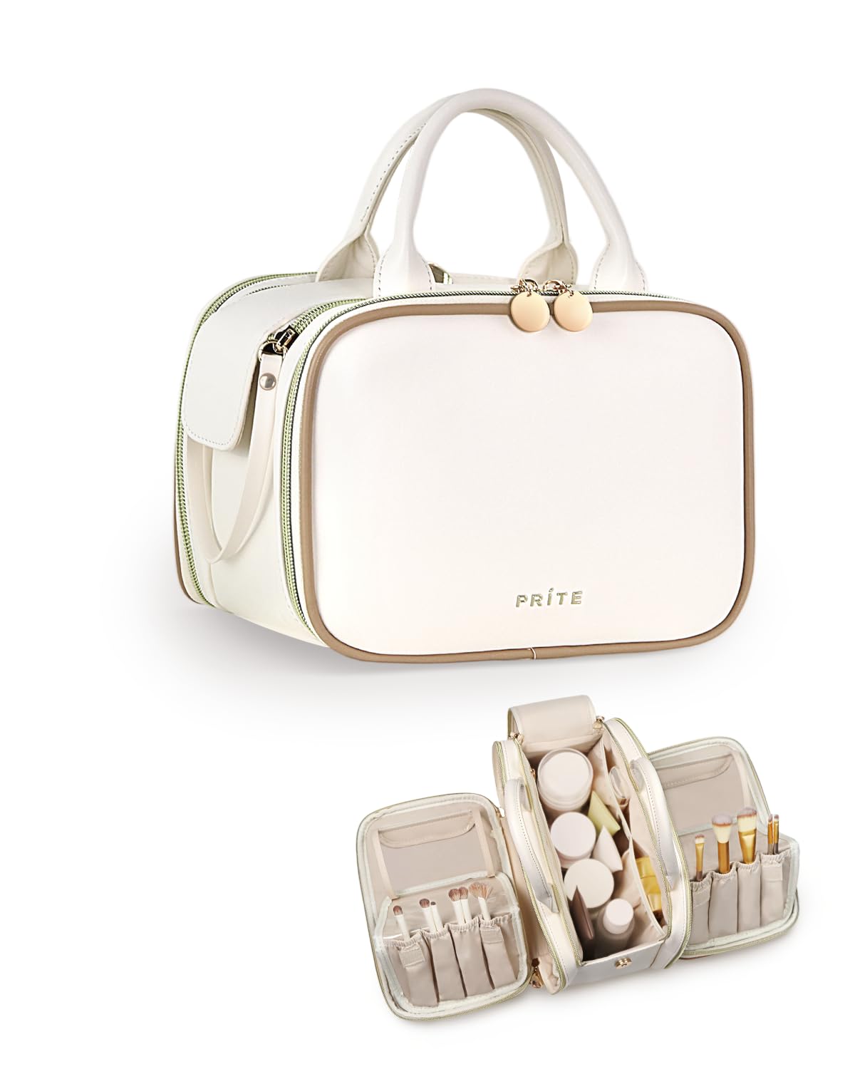 Prite Makeup Bag for Women, Large Capacity Waterproof Travel Cosmetic Organizer, Portable Open Flat Toiletry Bag with Free-standing Brush Holder and