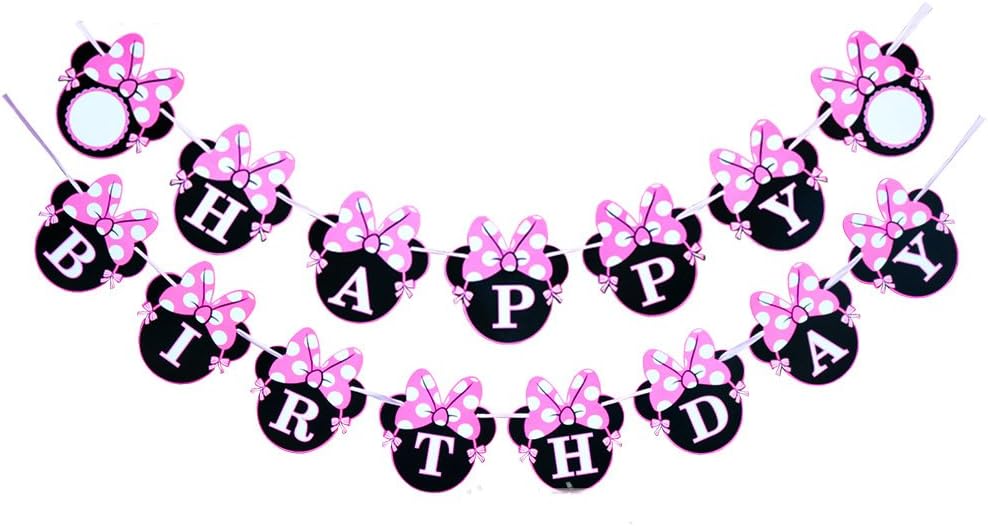 CHuangQi Minnie Themed Party Banner, Happy Birthday Banner, Birthday Party Supplies & Decoration