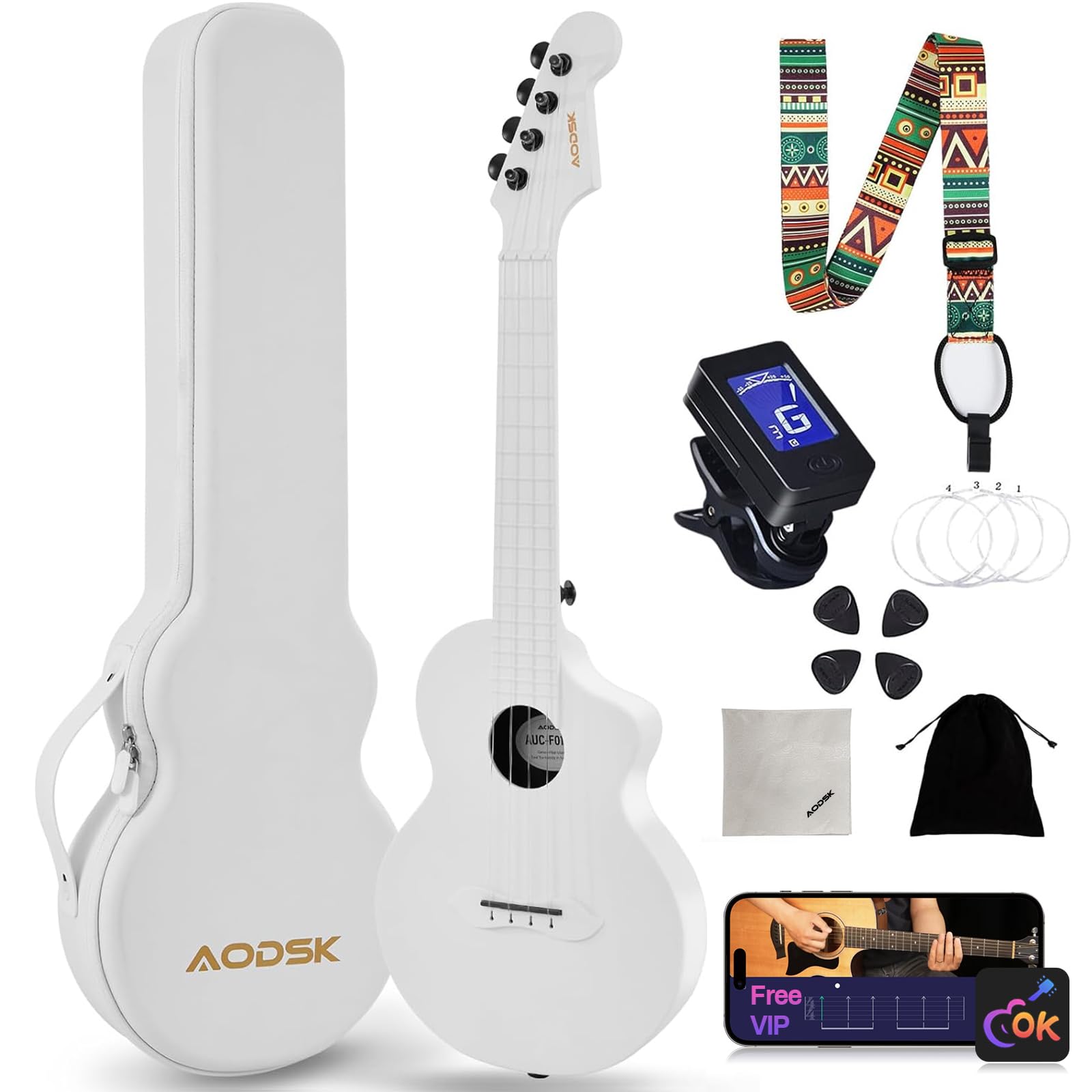 Concert Ukulele for Adult Kids Beginners Kit,23inch Carbon Fiber Travel Ukulele with Beginner Kit with Case,Pick,Strap,and Strings-White