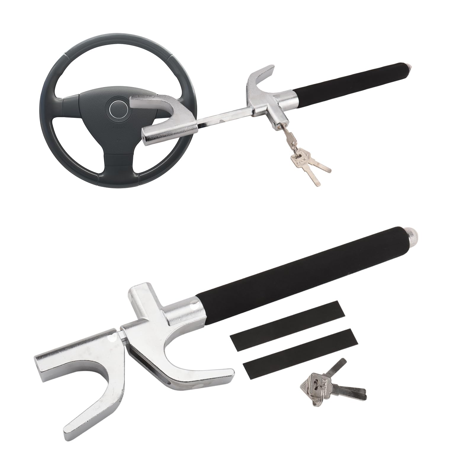 Shkalacar Barra Antirrobo Universal, Bloqueo Antirrobo para Volante Ajustable con 3 Llaves y Función de Martillo de Seguridad Apto para Todo Tipo de Coche