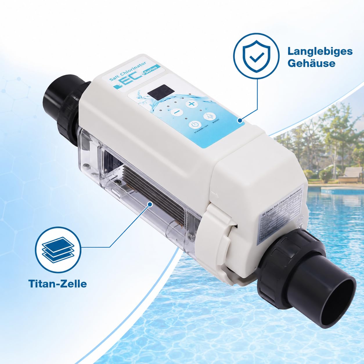 Clorinatore di sale per piscina, 38,7 cm, impianto di elettrolisi sale, clorinatore per piscina, bianco, moderno, in plastica, per la cura dell'acqua salata