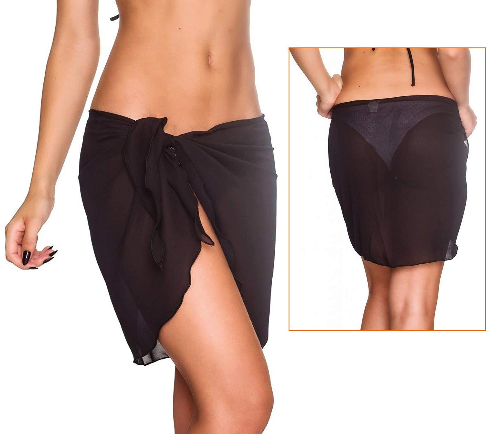 Plaża Sarong Wrap damskie, 2-pak stroje kąpielowe szyfon plaża strój kąpielowy chusta Sarong krótki Sarong szyfonowy bikini okrycie strój kąpielowy spódnica na wakacje pływanie czarny niebieski