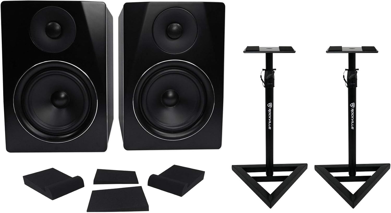 Rockville APM6B Bundle: 6.5" 350W Peak / 175W RMS 2-Way Powered USB Studio Monitor Speakers Pair, RVSM1 Adjustable Height Studio Monitor Stands, (2) RRS190S Foam Isolation Pads with 3 Angles, 4-Items