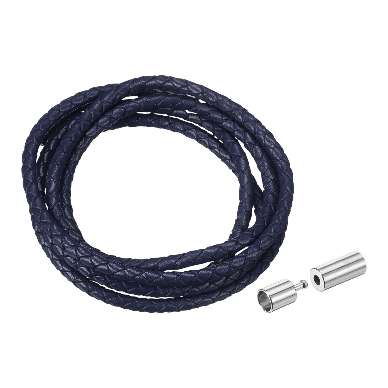 sourcing map Braided Genuine Leather Cord, 4mm 1.1 Yard Round Braiding String with Buttons, Leather Bolo Tie Cord for Crafting, Jewelry Making, Bracelets, Home Decoration, Dark Navy Blue