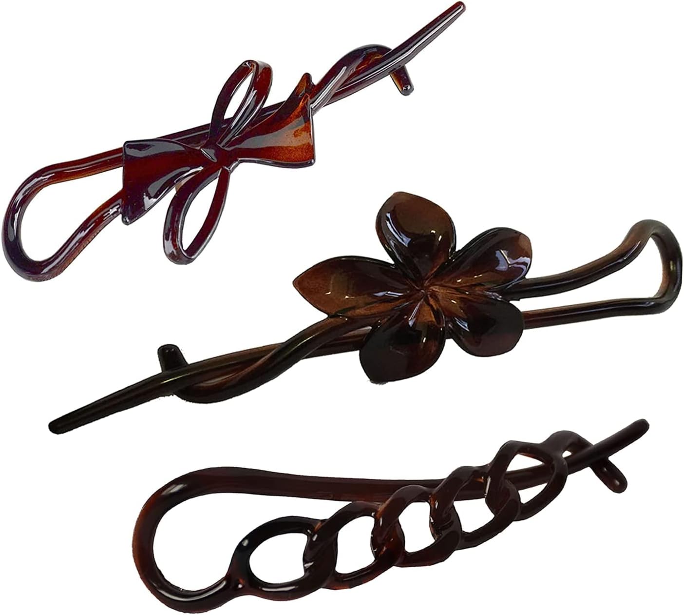Parcelona French Twist n Clip Flower, Bow and Chain 4" Celluloid Metal Free Hair Barrette Clips Women Hair Accessories, Made in France (Tortoise Shell Brown)