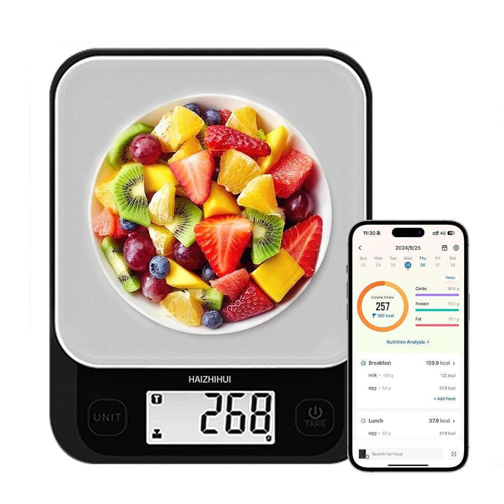 Fitdays Food Scales with Nutrition Calculator, Digital Kitchen Scales for Weight Loss, Intelligent Food Scales with App for Calorie Cooking, Grams and Ounces, White, 5 kg (KP2048B-GREY)-image-9