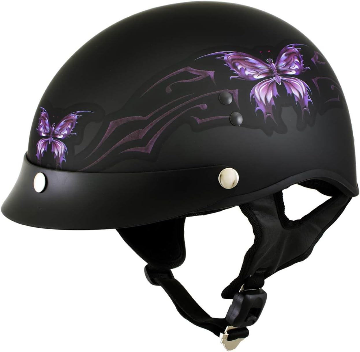 Hot Leathers HLT70 Purple Butterfly Flat Black Advanced DOT Motorcycle Half Face Biker Helmet