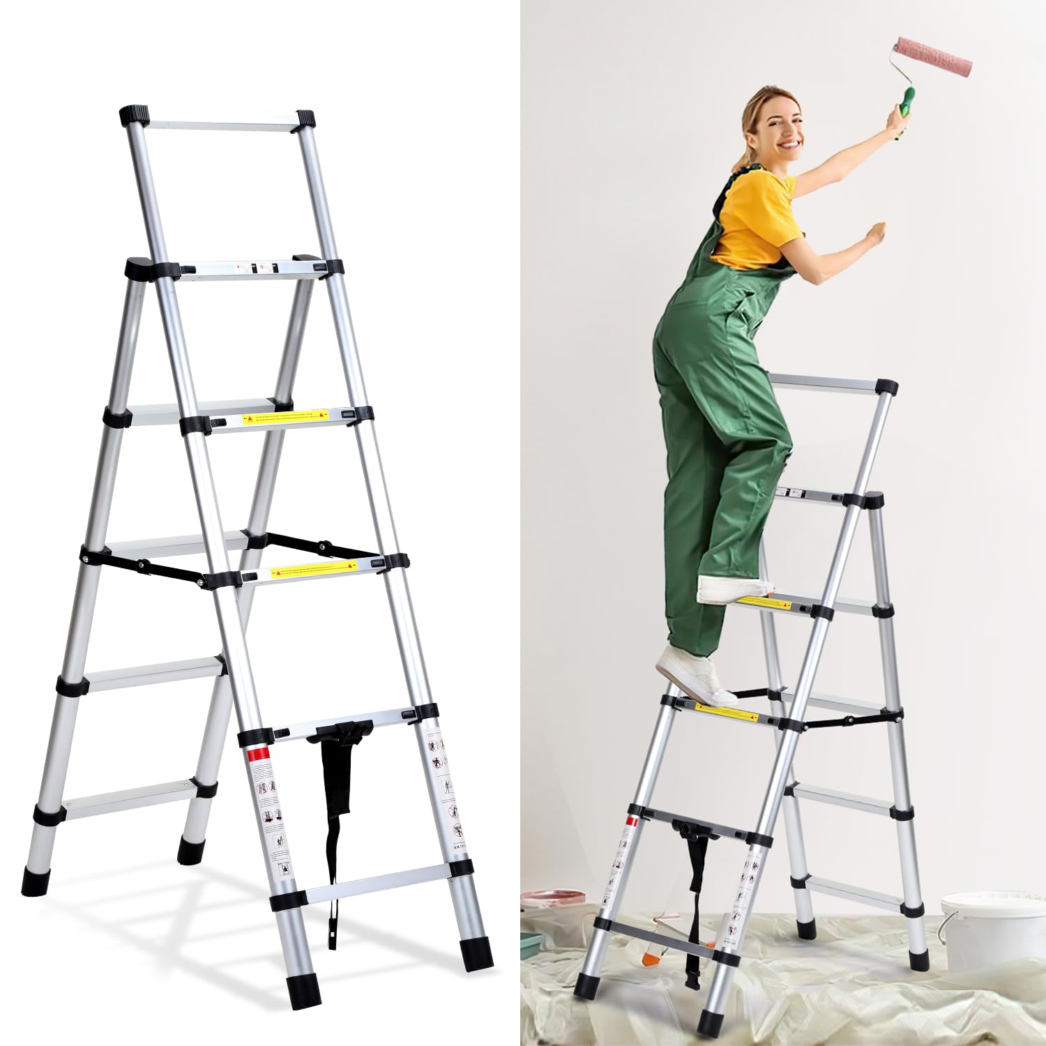 Drabina teleskopowa, składana drabina aluminiowa, 1,4 m + 1,7 m, rama A, 4 + 5 szczebli, antypoślizgowa drabina aluminiowa, drabina wielofunkcyjna, maksymalna nośność 150 kg