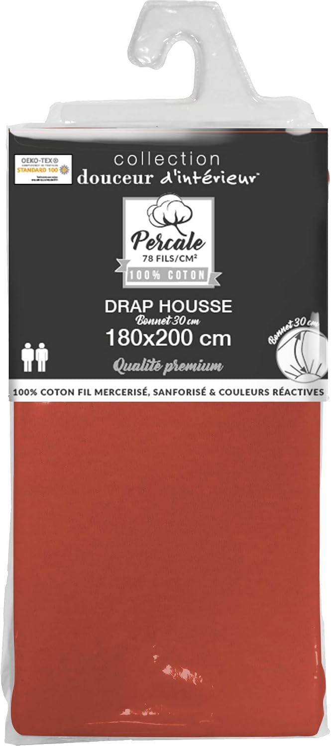 Douceur d'Intérieur Double Fitted Sheet, Cotton, Terracotta, 180 x 200 CM - Image 5