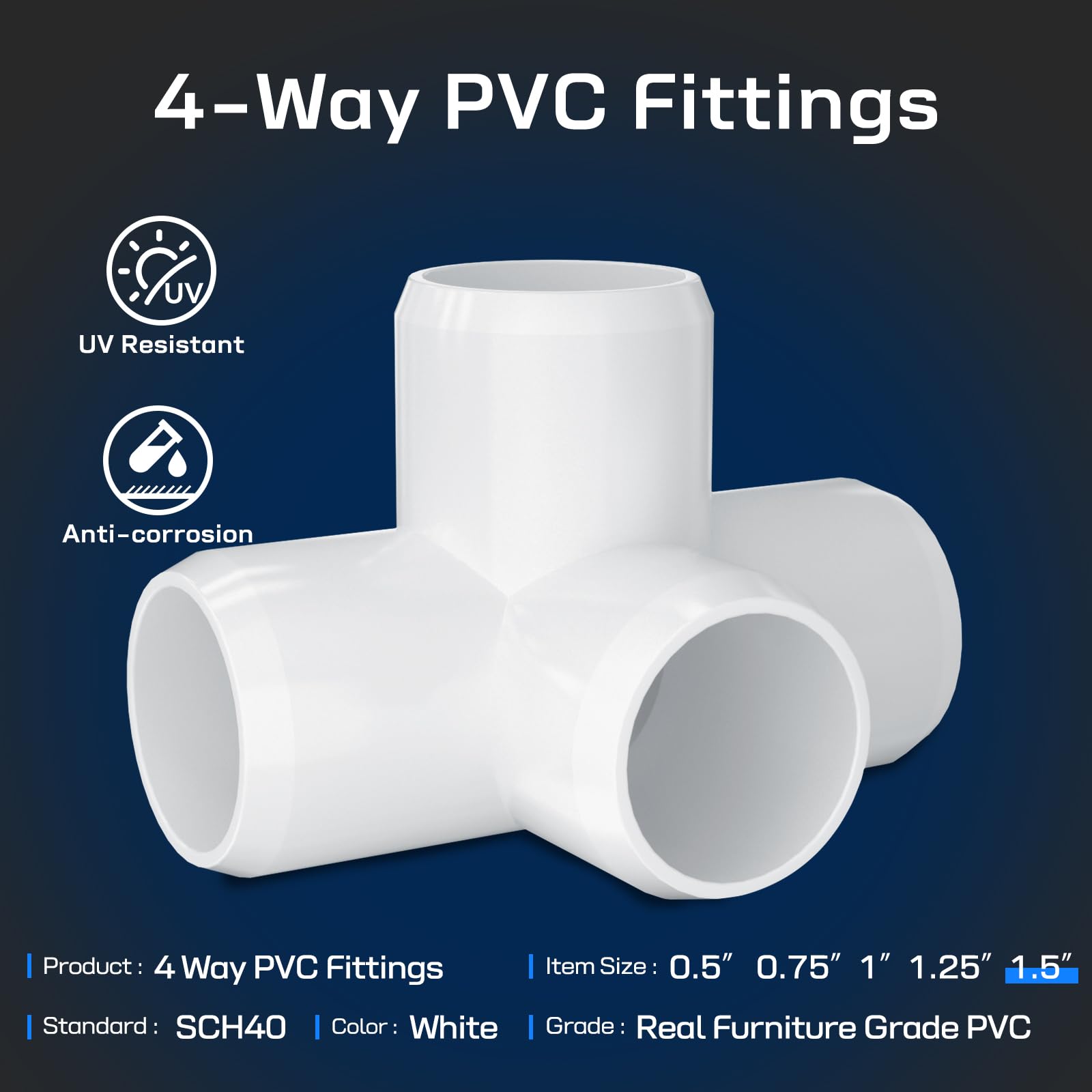 Accesorios de PVC de 1-1/2 pulgadas, 4 vías (paquete de 10) para muebles, conector de codo de 1-1/2 pulgadas, resistente para muebles de bricolaje, marcos, resistente a los rayos UV