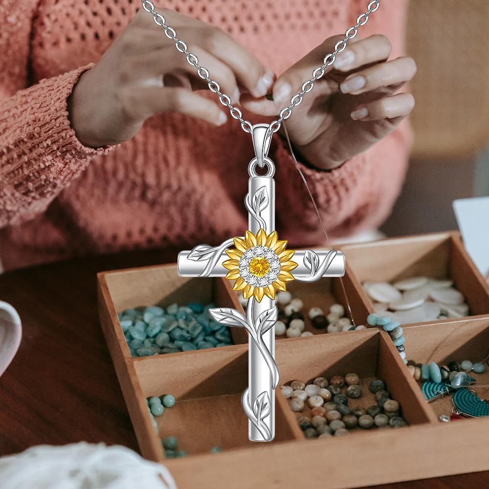 Fenthring 18k Gold Plated Sunflower Necklaces for Women, Sunflower Cross Necklace 925 Sterling Silver Sunshine Pendant Mom Jewelry Christmas Gifts for Women - Image 7