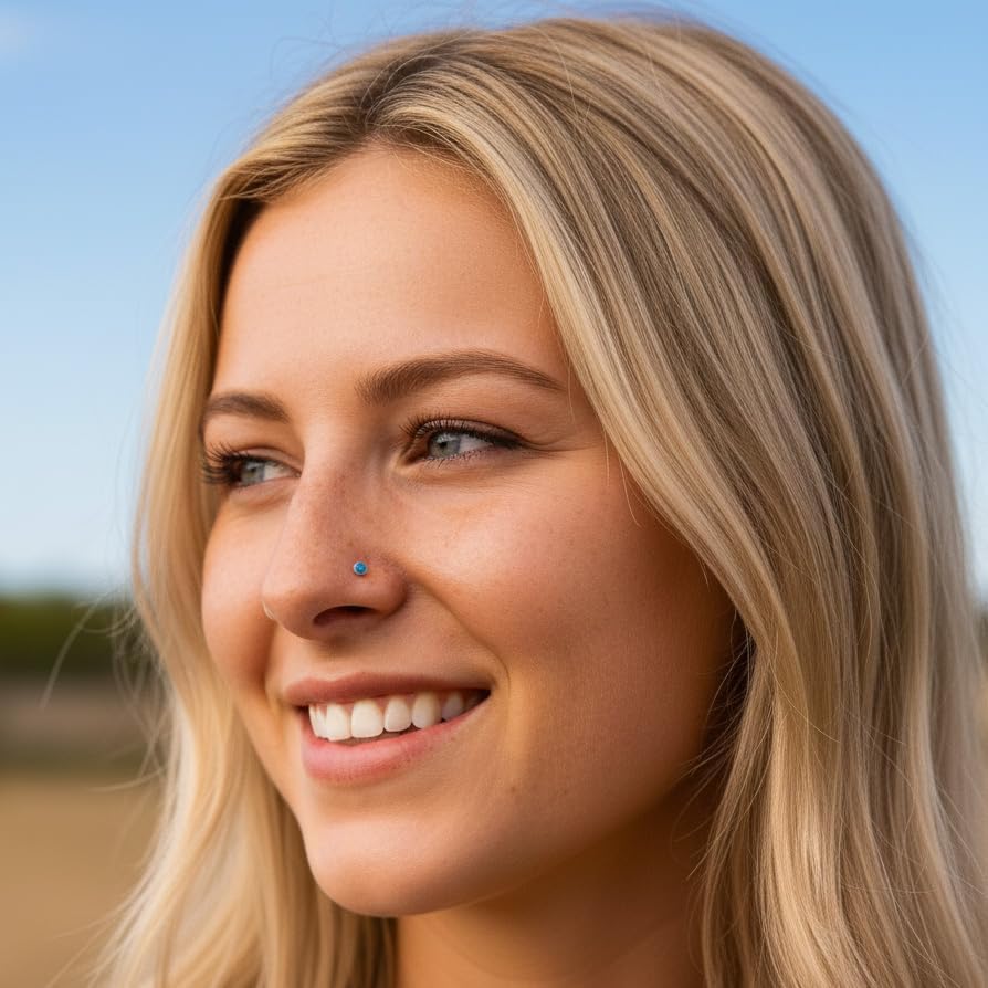 ALOME PIERCINGS Sterling Silver Nose Stud 3mm Turquoise Opal – L Shape Nose Ring Stud for Women – 925 Silver Tiny Nose Piercing Jewelry Pin – Hypoallergenic Handmade Nose Stud - Image 4