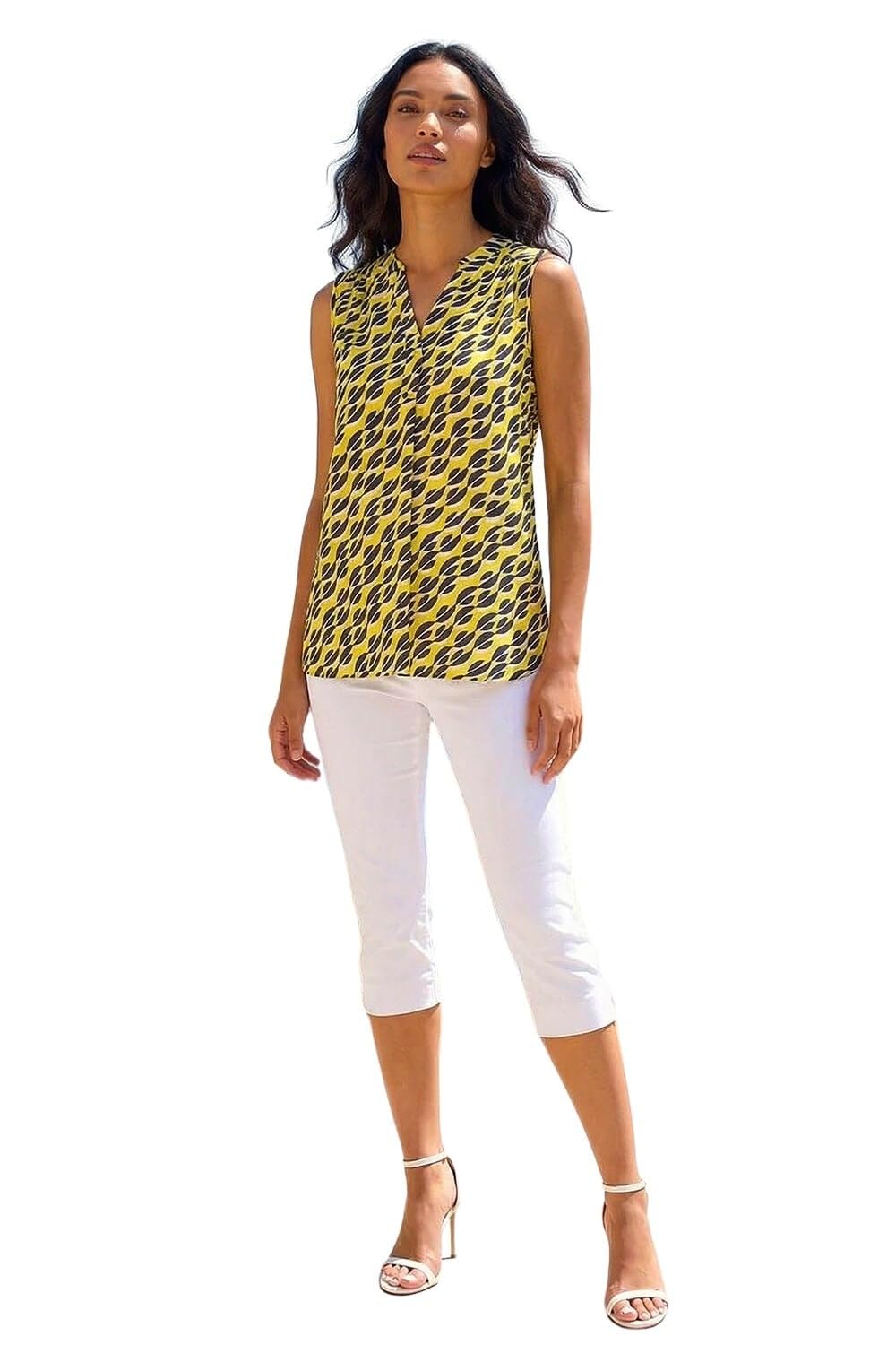 Roman Women's Yellow Geo Print Pleat Front Vest Top In | : Size 12