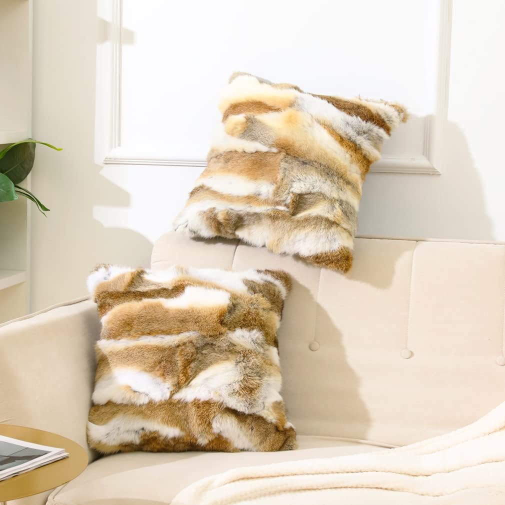 Set 2 Handcrafted Luxurious Throw Pillow Covers 20x20 Natural Rabbit Fur Pillow Cover Soft Plush Real Animal Skin Decor Throw Pillow Farmhouse Cushion Cover for Sofa Couch Brown
