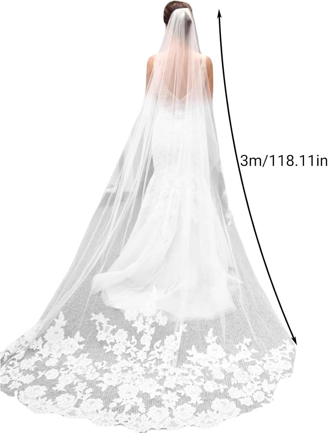 Ivory Lace Edge Bridal Veil with Comb, 118 Inches Length Tulle, Embroidery Lace Edge Layer Wedding Veil, Hair Accessories - Image 4