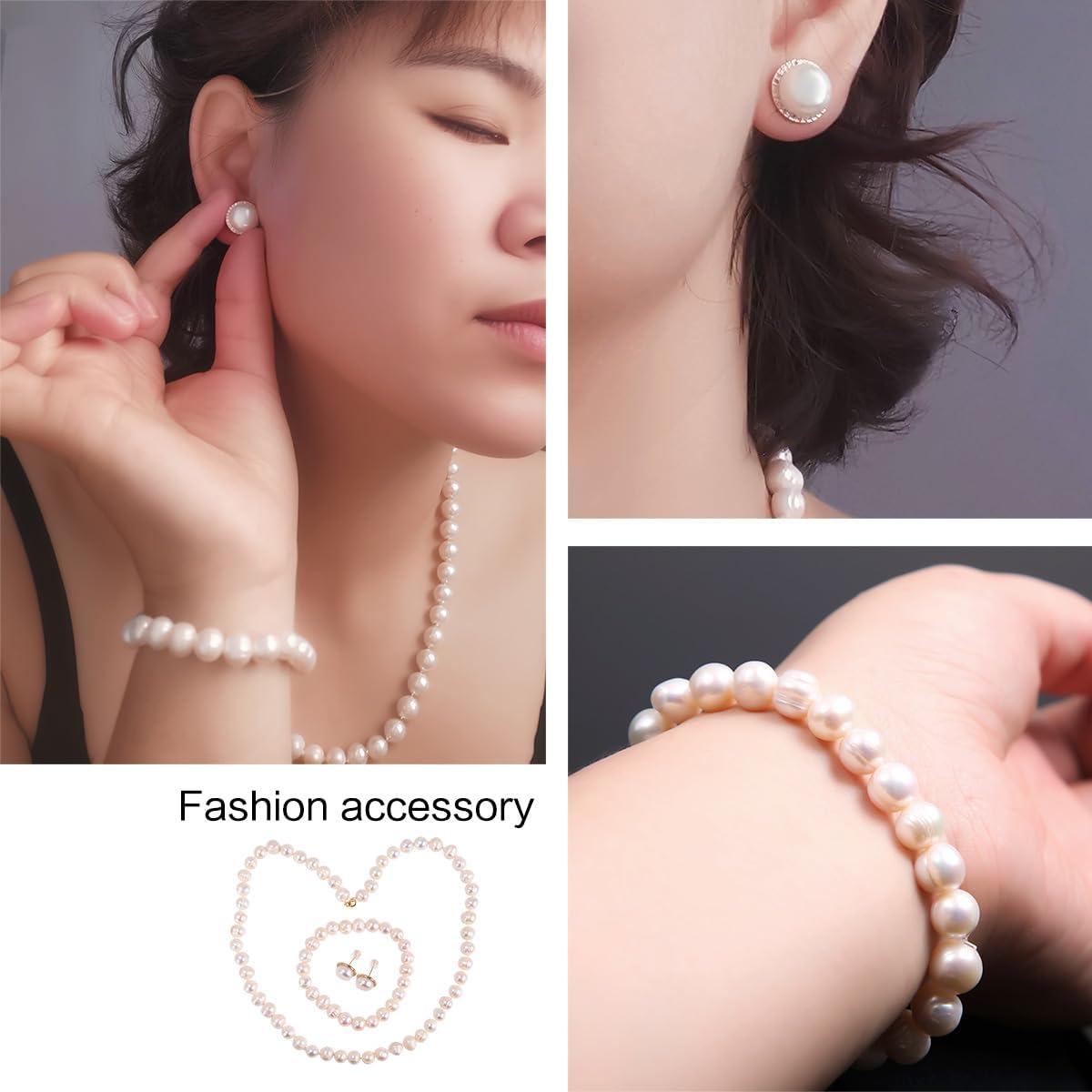 Freshwater Cultured Pearl Necklace Set Bracelet and Stud Earrings Jewelry for Women S925 - Image 5