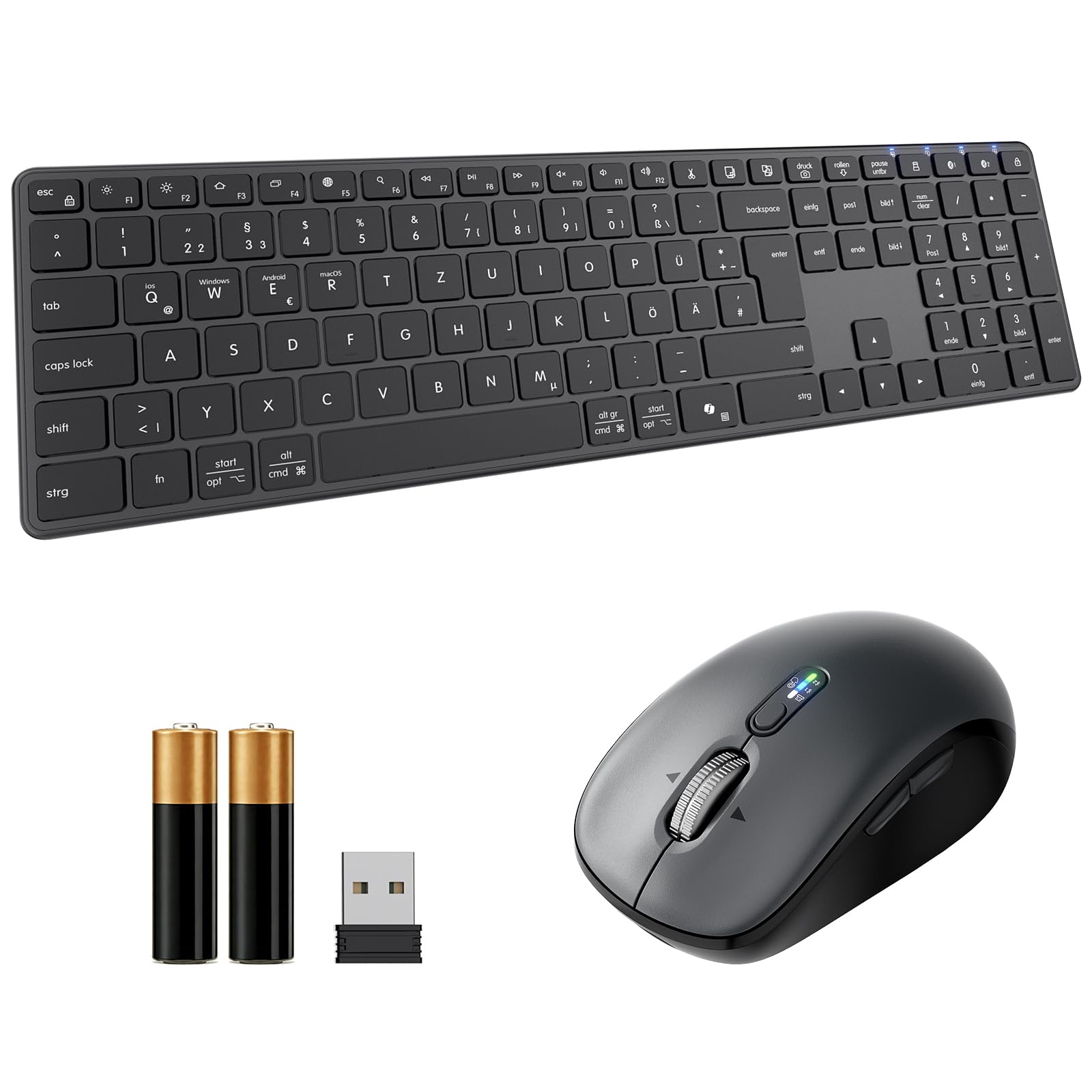 kabellose Bluetooth Tastatur- und Maus Kombination, Ultradünne und leise, mit 2,4-GHz-Funk und dualer Bluetooth-Verbindung, kompatibel mit Mehreren Geräten, in voller Größe, für Windows/PC/Laptops