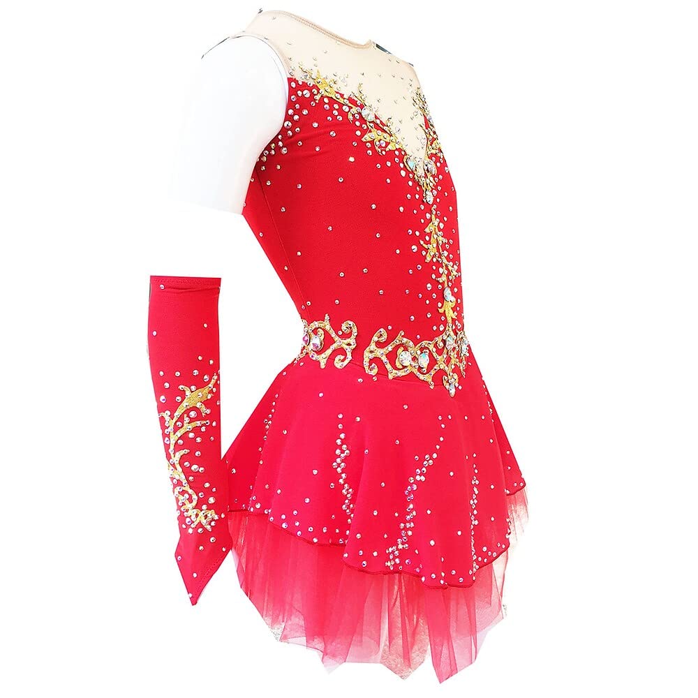 Vestido de patinaje artístico para niña, mujer, competición de patinaje, ropa de baile, vestido de patinaje sobre hielo hecho a mano con mangas