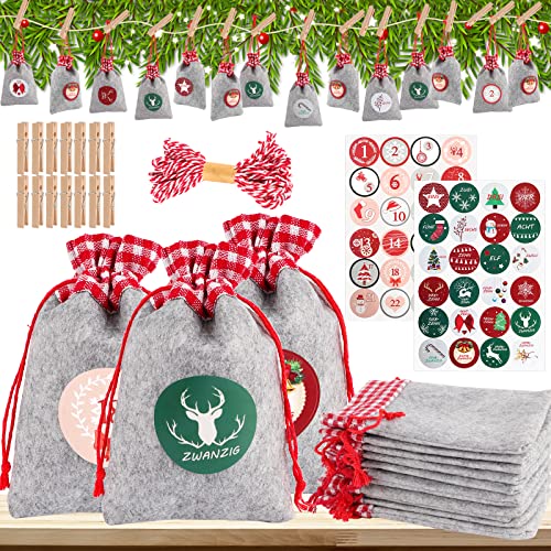 Calendrier de l'Avent à remplir - 24 sacs en toile de jute à remplir - Avec 24 chiffres de l'Avent - Autocollants en feutre - Pour enfants Cover