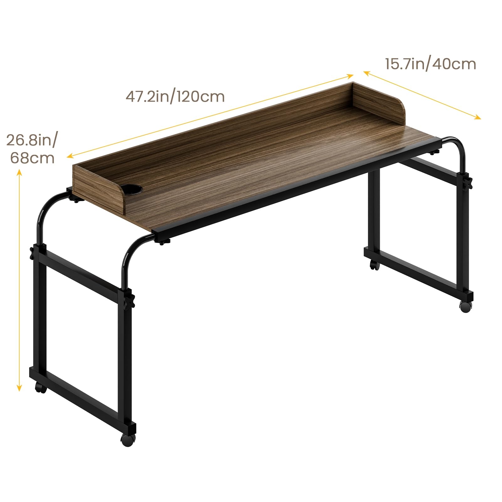 Table de lit 40 cm avec déflecteurs, porte-gobelet, longueur réglable en hauteur, king size, table de lit pour ordinateur portable, avec roues à 360 degrés, 120 cm - gihusrzx