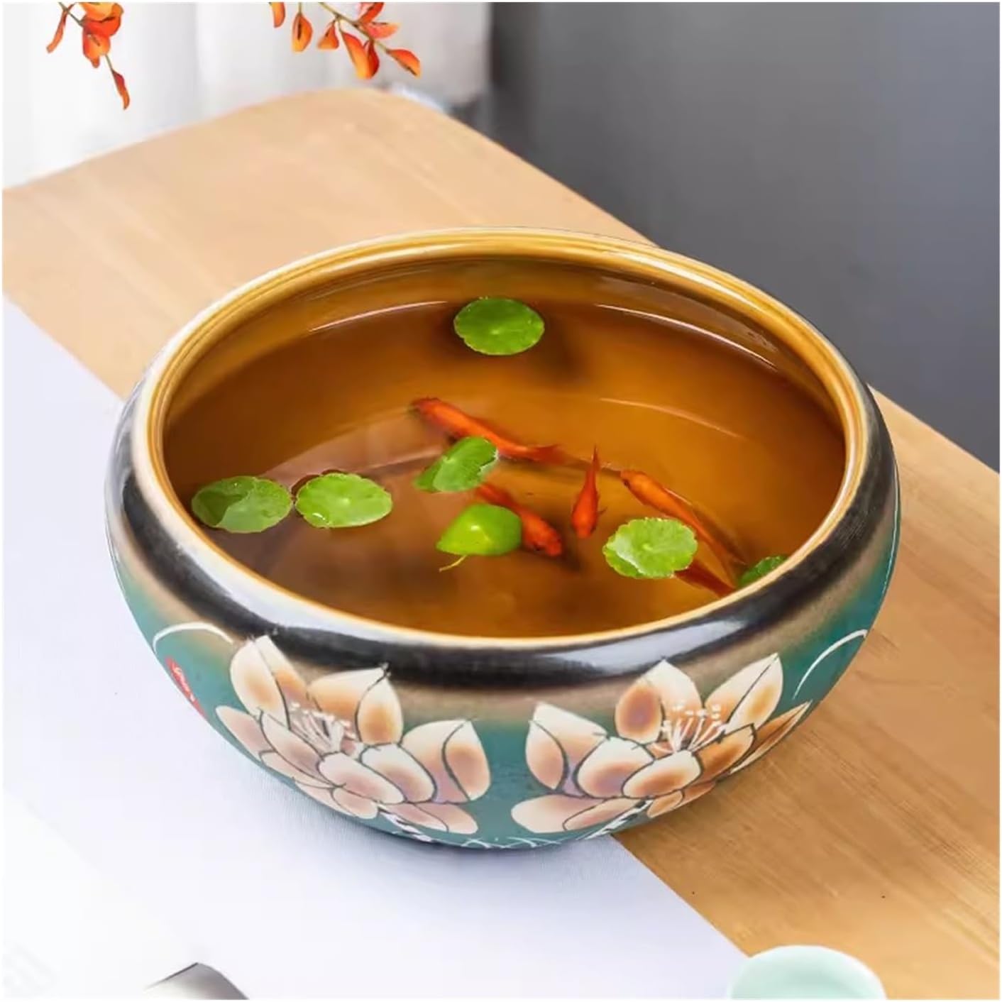 Fish Bowl Handmade Ceramic Fish Tank Desktop Living Room Decoration Bowl Water Lily Flower Pot Hydroponic Container Turtle Tank Modern Fish Tank,32cm