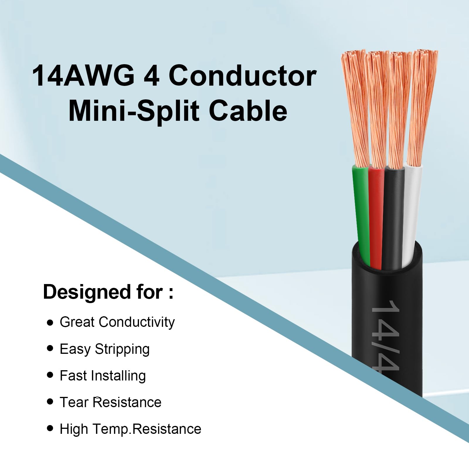 MOOKEERF Mini-rozdzielany kabel 14/4 AWG, 14 AWG, 4-żyłowy kabel sterujący, 300 V, skrętka beztlenowa z czystej miedzi do mini klimatyzatora, pompy ciepła, systemów HVAC i systemów głośnikowych